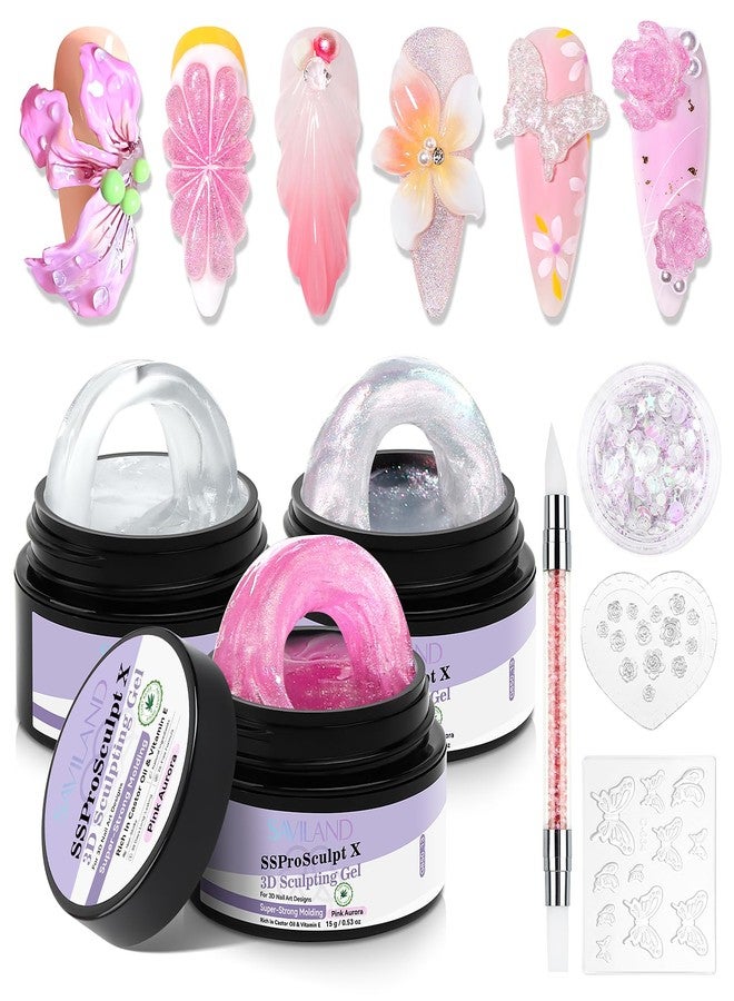 SAVILAND Solid Builder Nail Gel Kit: 3 Colors Non-Sticky 3D Sculpting Gel for Nail Art with Silicone Molds and Carving Pen for 3D Flower Nails and Extension, Sculpture Hard Gels for Home DIY Salon Use - Image 1